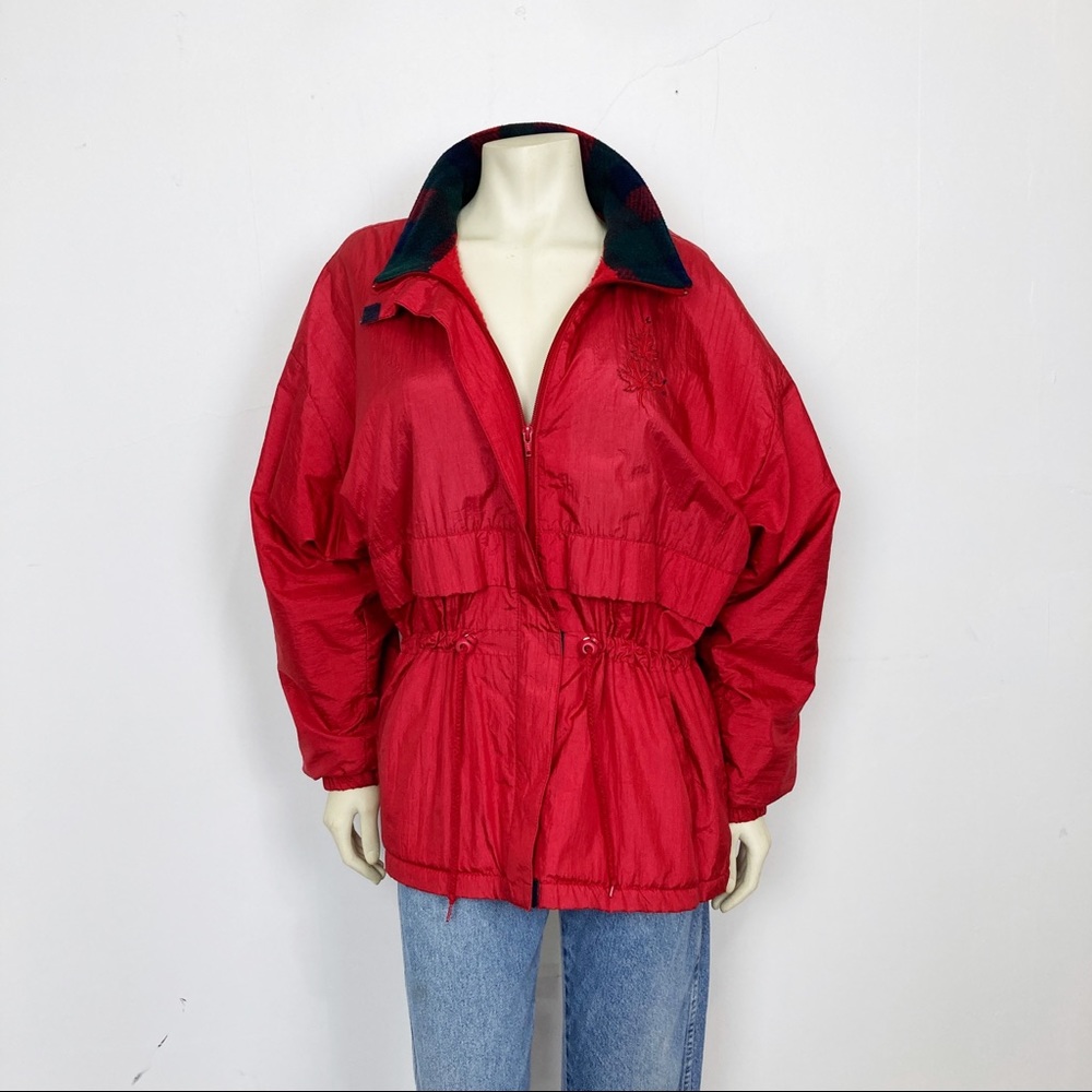 Vintage light spring jacket windbreaker rain coat red nylon cinched waist red
